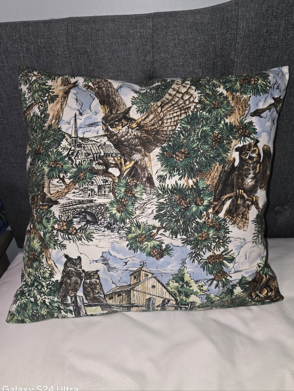 Vintage Decorative Throw Pillow* Tapestry Design * Owls * Forest * Pine Trees